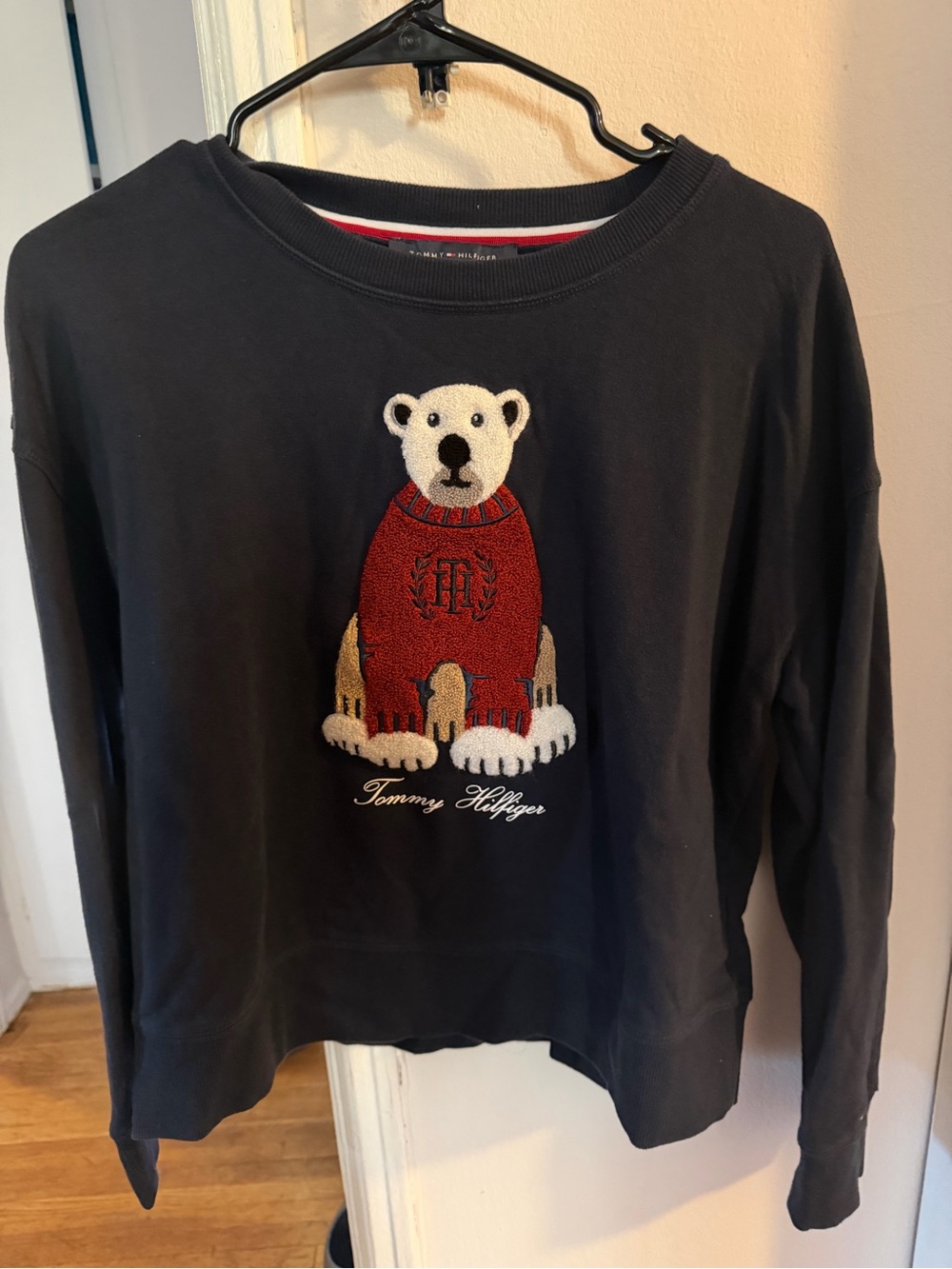 Tommy Hilfiger Black Crewneck Sweatshirt with Embroidered Bear in Red